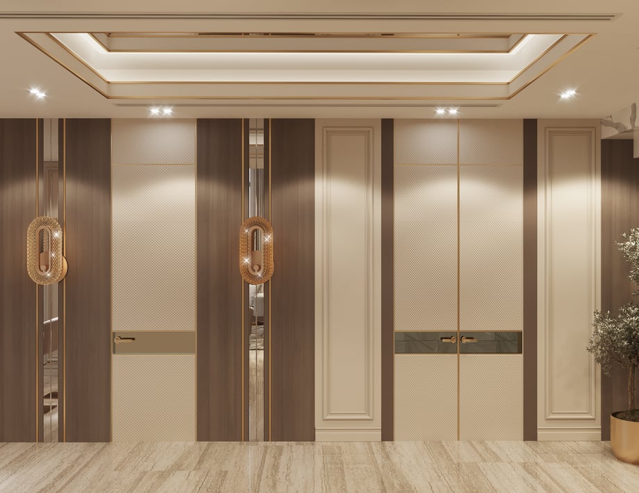  A foyer with a single and double door, modern light fittings on the wall and a gold planter with stone textured floors, wood textured walls, and a panelled ceiling in neutral earthy tones