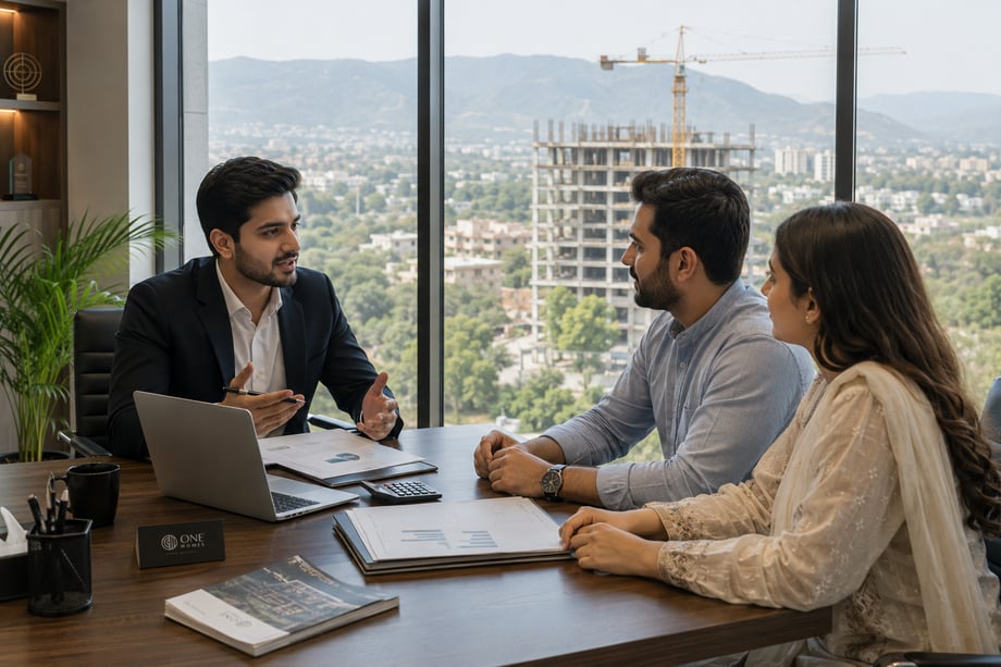 Pakistani financial advisor discussing property investment with a couple in an office overlooking an Islamabad construction site 