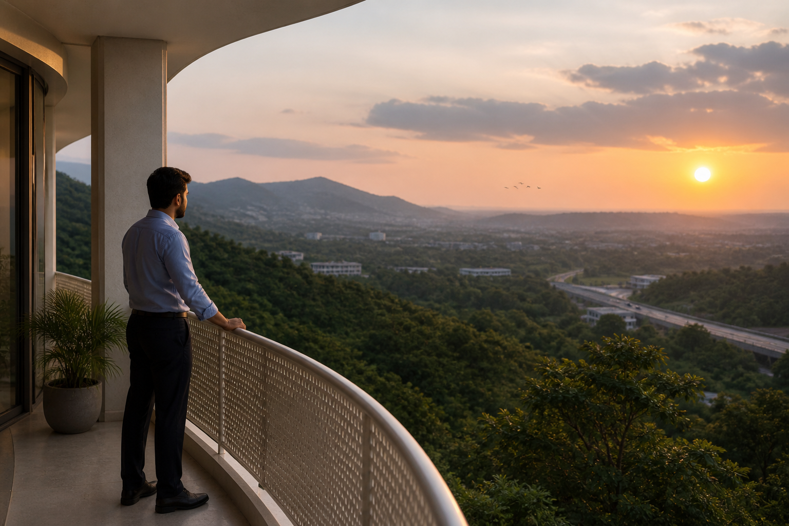 A man stands on a balcony, overlooking lush green foliage, a setting sun, and mountains in the distance