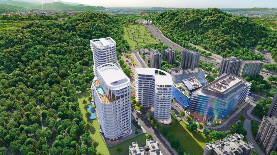 A CGI aerial view of Amaya Residences in Islamabad, surrounded by trees and hilly terrain
