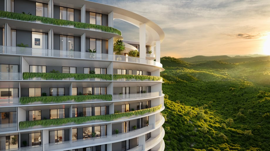 CGI aerial view of Amaya Residences glistening in the sun, surrounded by lush greenery and hilltops, showcasing Pakistan’s luxury real estate potential.