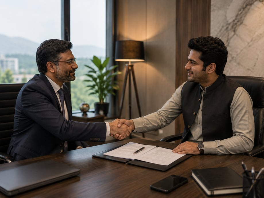Two Pakistani businessmen shaking hands over signed property documents during a meeting in a modern Islamabad office.