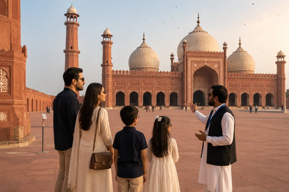 Affluent overseas Pakistani family touring Lahore's historic Badshahi Mosque with a local guide while exploring the city's cultural landmarks.