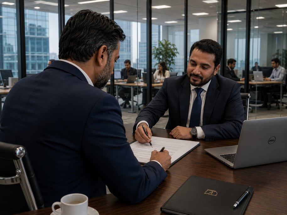 Pakistani investor signing property purchase documents during a meeting with a financial advisor in a modern glass-walled corporate office.