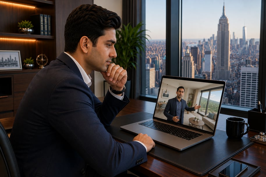 Young Pakistani businessman in a modern New York office attending a video call while a real estate advisor gives a virtual tour of an apartment in Islamabad.