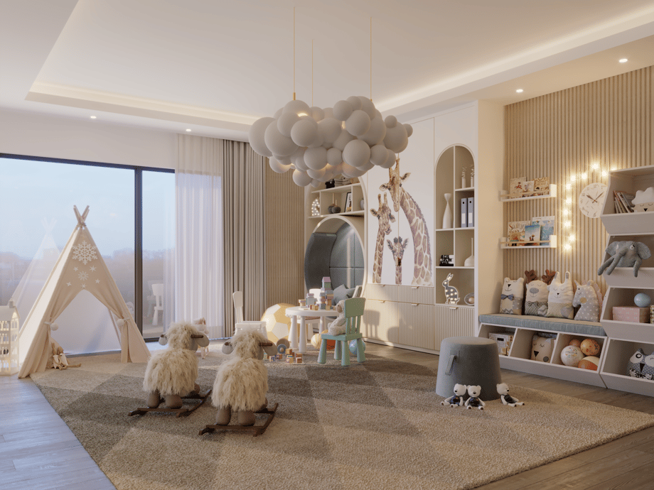 A children’s play area with a carpet, soft toys, shelves, wall art, and a modern light fixture in warm neutral tones of cream, beige, and grey
