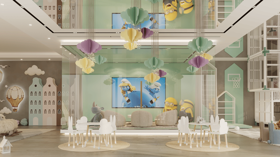 A colourful room with pastel interiors and hanging lights with a mirrored ceiling and wooden floor with round carpets, tables, and chairs, a screen with the Smurfs and large plus Minion toys