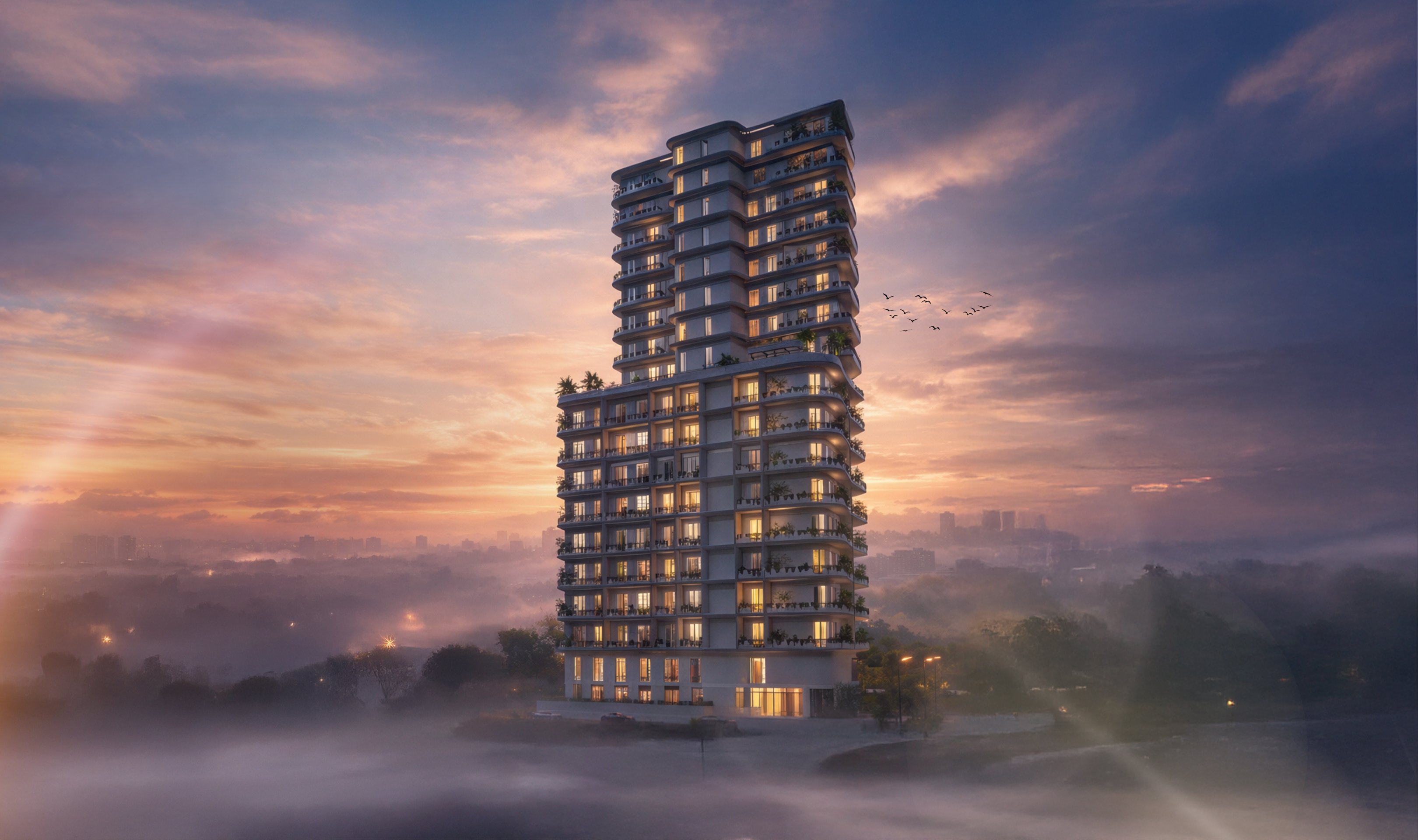 A modern building with greenery at every level stands tall amidst a vibrant sky