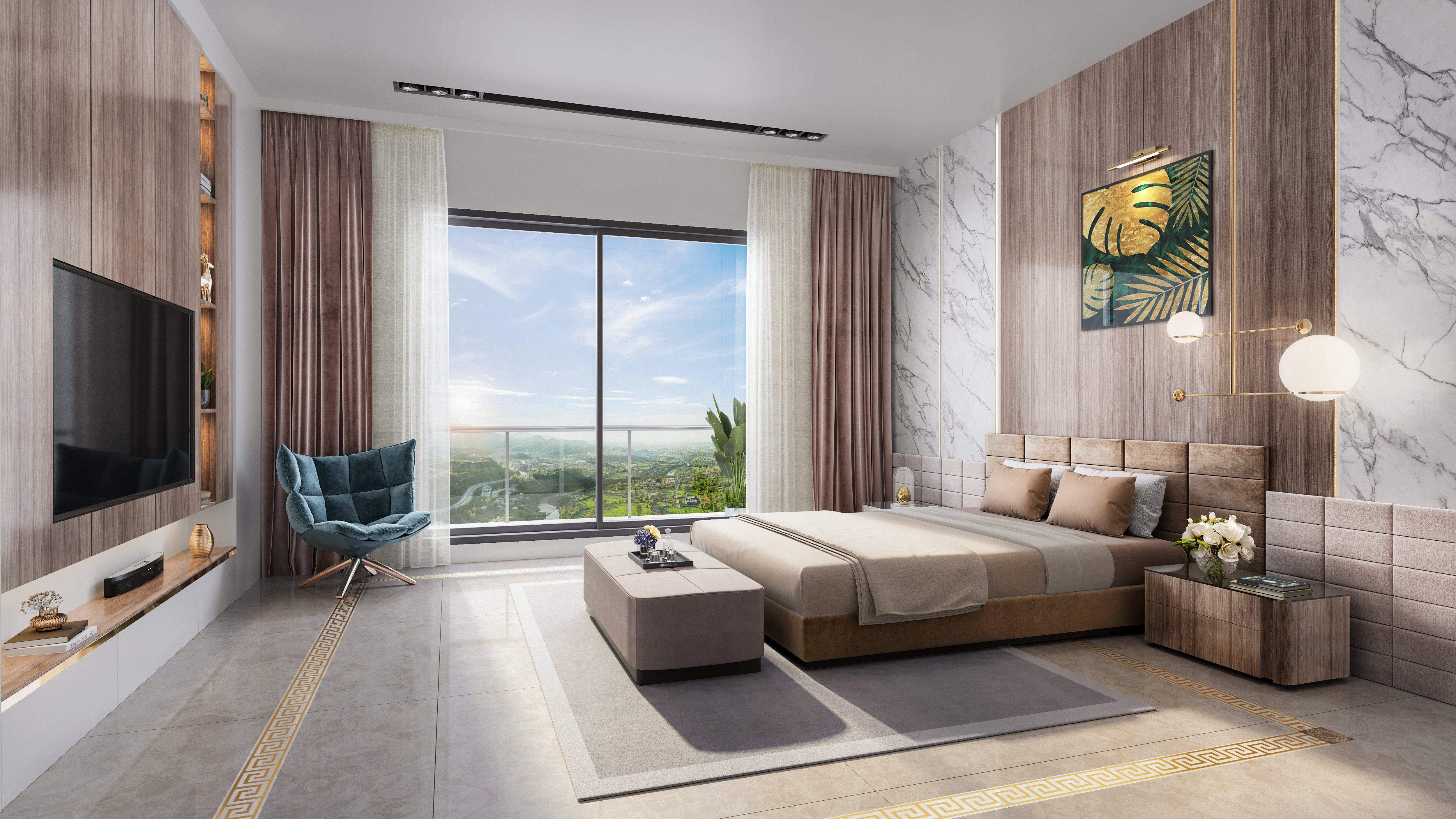 A large bedroom with a double bed, TV, chair, and ottoman, as well as modern light fixtures, flooring and wall panels, showcases high-end living