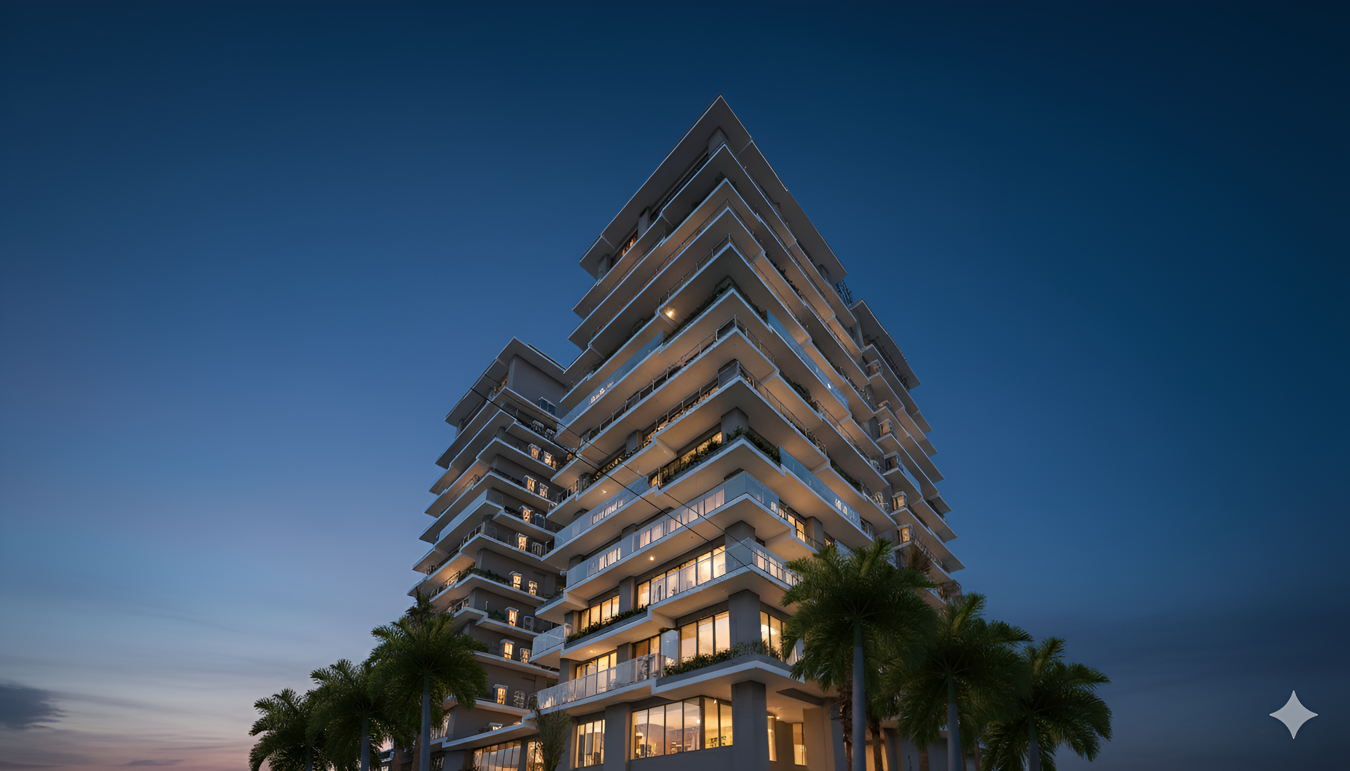 A view from below of One Canal Road by One Homes with large palm trees against a dark evening sky