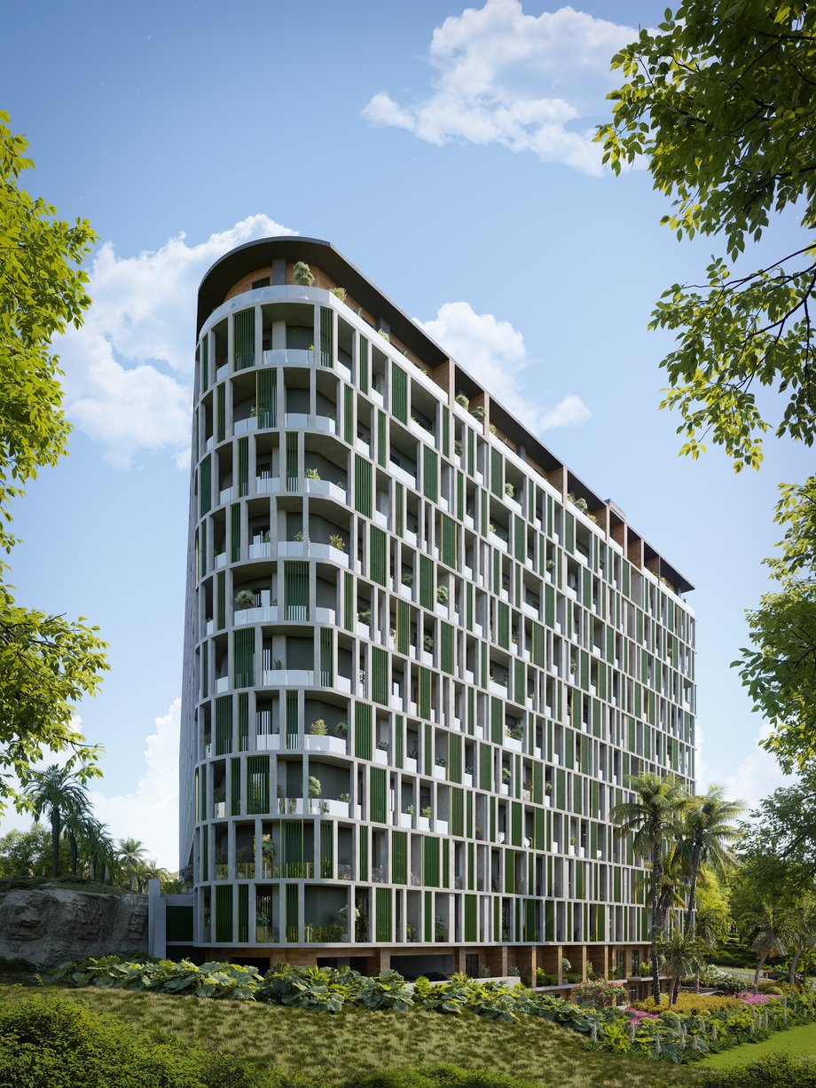 Daytime view of a modern residential building with a glass façade and landscaped greenery in Pakistan.