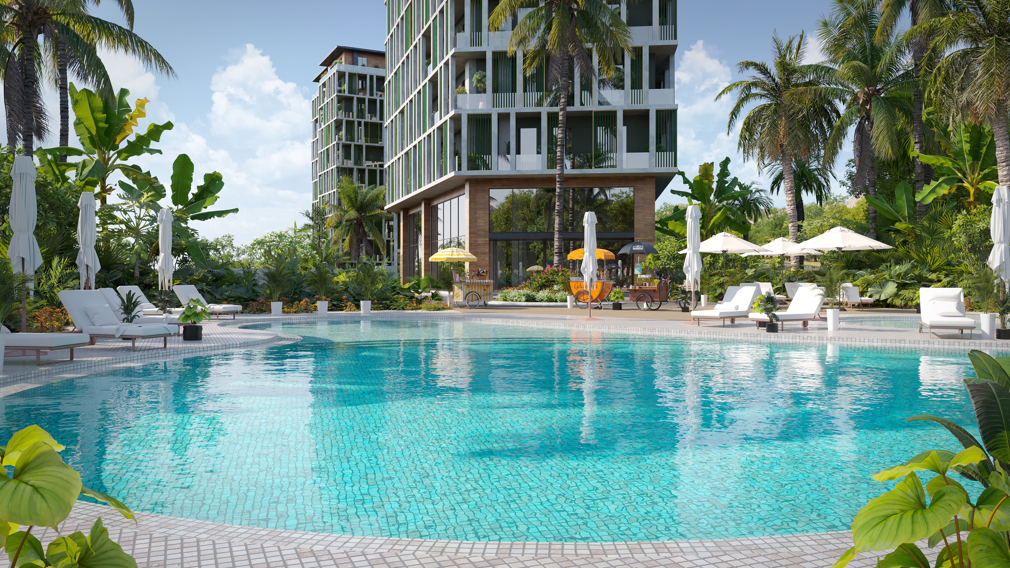 A large pool sprawls out in front of an apartment building