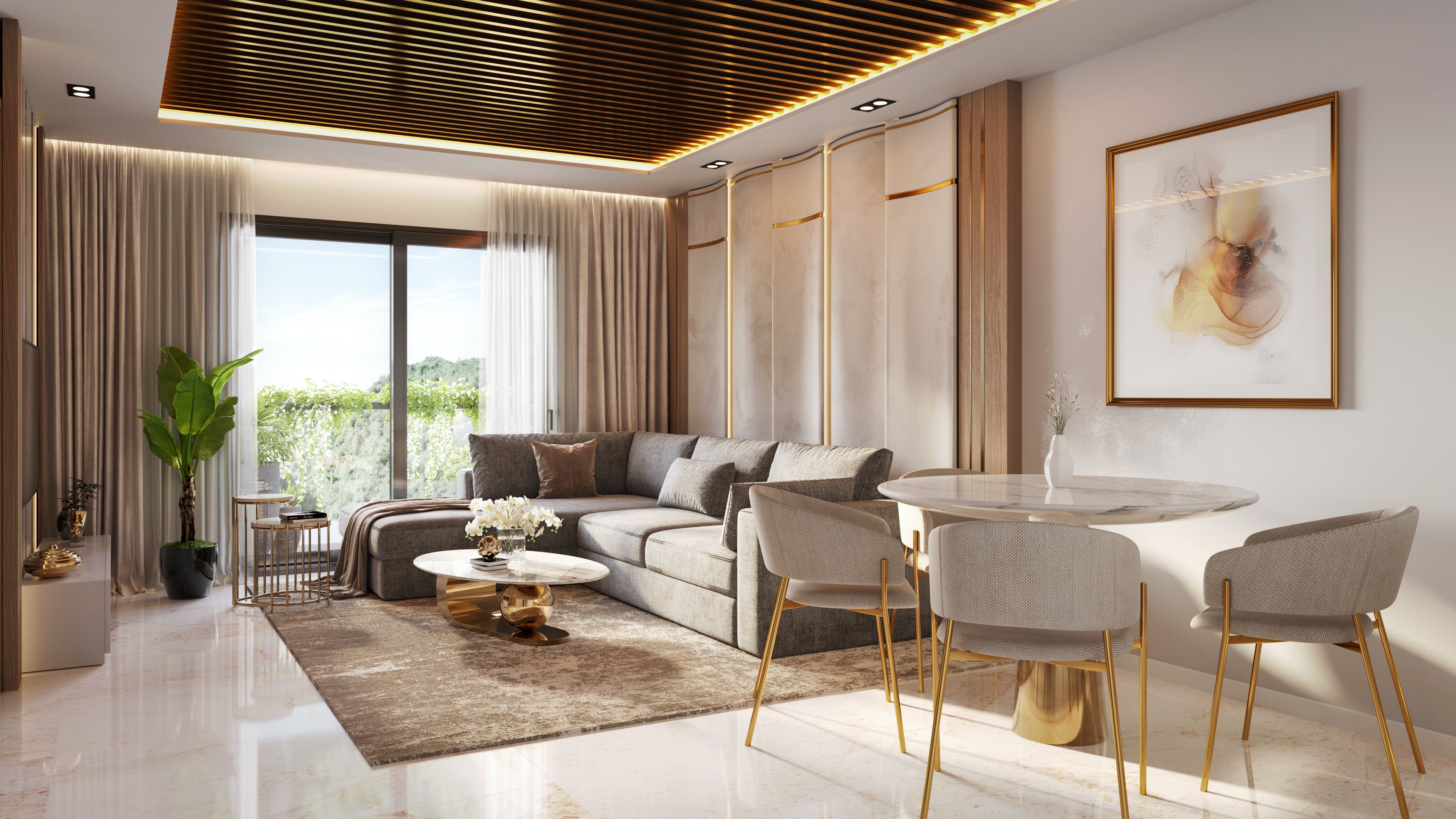 A luxurious living room with an L-shaped sofa on a carpet by a large window with a view, and a small breakfast table on the side