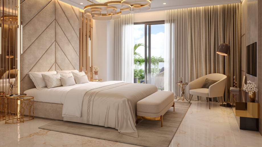 A state-of-the-art, modern, and luxurious bedroom with a large bed, golden fixtures, a large window and marble floors