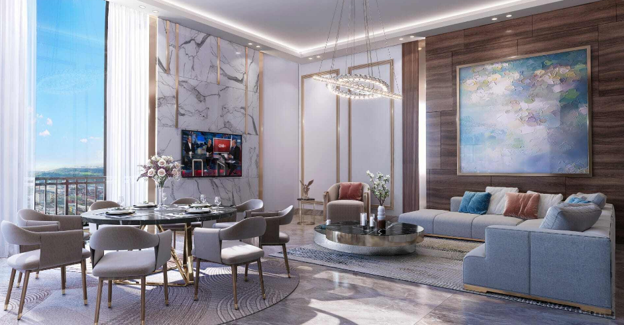 Elegant open-plan living and dining area inside a luxury apartment at One Serene Residences, featuring premium finishes, contemporary interiors and spacious design for modern living.