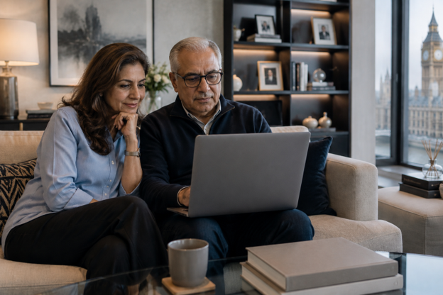 Pakistani couple in their London home taking a virtual tour of a luxury apartment at One Edition by One Homes using a laptop, demonstrating the convenience of buying property in Pakistan remotely.
