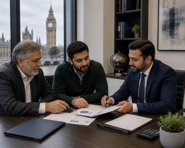 Overseas Pakistani investor meeting with a property advisor in a UK office to discuss real estate investment opportunities in Lahore.