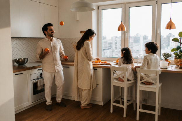 Pakistani family enjoying quality time together in a bright contemporary kitchen inside a luxury One Homes apartment in Pakistan.