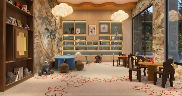 Designer children's playroom in a luxury One Homes residential development featuring educational toys, reading areas and family-friendly spaces that enhance apartment value.