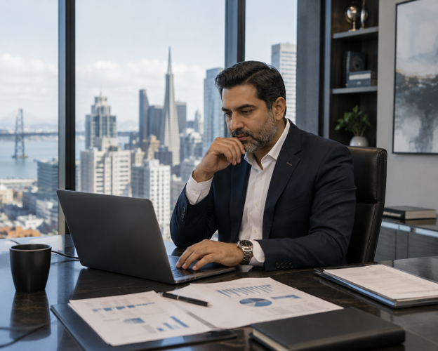 Overseas Pakistani professional in San Francisco analysing property investment opportunities and financial planning for real estate in Pakistan.
