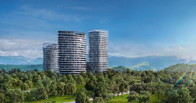 CGI view of One Serene Residences’ grand hotel-style lobby, featuring marble floors, tall pillars, and elegant seating areas surrounded by planters with small trees, reflecting modern luxury apartments in Pakistan designed for overseas investors seeking sophistication and comfort.