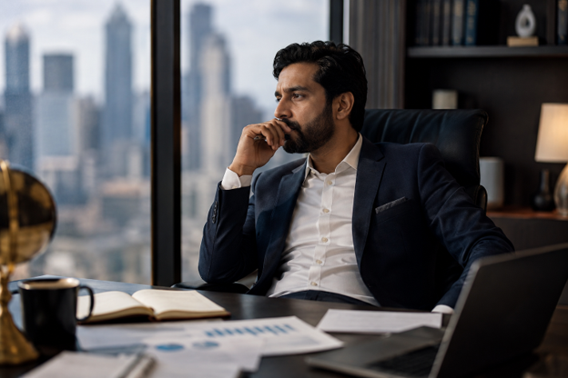 Pakistani investor in an overseas office considering whether gold or real estate is the better investment.