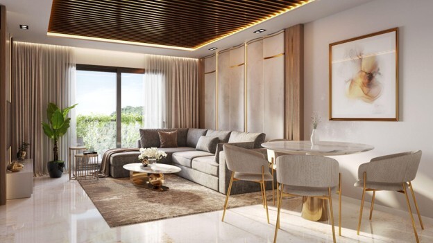 CGI view of Trinity One’s elegant living room featuring an L-shaped sofa on a carpet beside a large window with scenic views, complemented by a small breakfast table, reflecting modern luxury apartments in Pakistan designed for overseas investors seeking comfort and convenience.