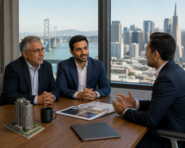 Pakistani father and son living overseas meeting with a professional real estate advisor to discuss property investment opportunities in Pakistan