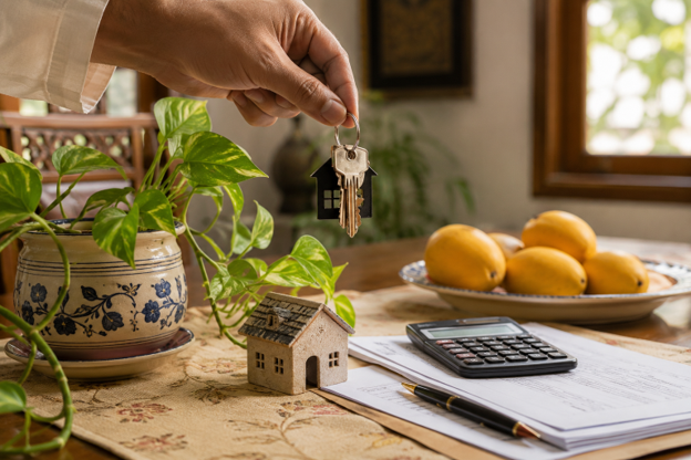 House keys held above a table with a calculator, paperwork, decor, mangoes, and a money plant
