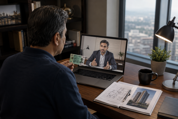 Overseas Pakistani man holding his NICOP during a professional video consultation with a property advisor in Pakistan while reviewing property documents on his laptop from his home office.