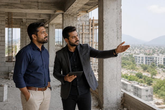Pakistani investor touring an under-construction commercial building in Islamabad with a local real estate advisor discussing the project.