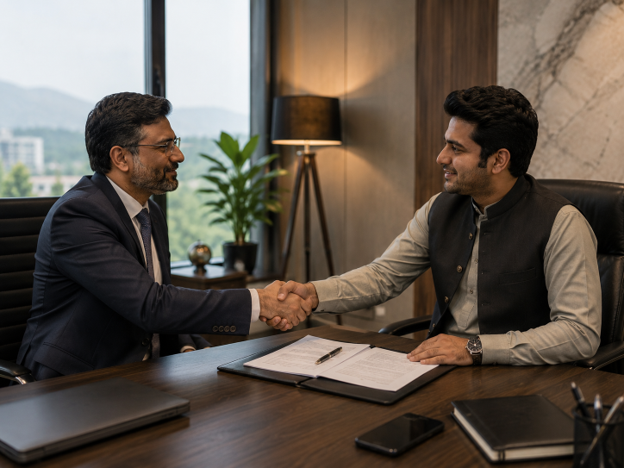 Two Pakistani businessmen shaking hands over signed property documents during a meeting in a modern Islamabad office