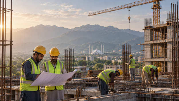 Construction workers at a site in Islamabad with mountains and a view of the Faisal Mosque in the background
