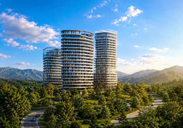 Amaya Residences in Islamabad featuring three contemporary residential towers surrounded by landscaped greenery and scenic mountain views.
