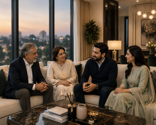 Affluent overseas Pakistani family discussing future property investments in Lahore while relaxing together in a modern apartment.