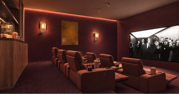 Private luxury home cinema in a One Homes apartment featuring premium reclining seating, ambient lighting and an exclusive entertainment space that enhances residential property value.