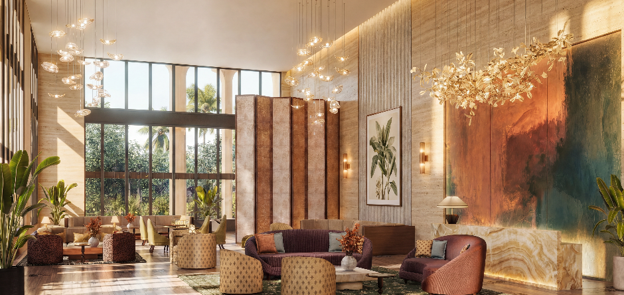 Elegant double-height lobby in a luxury One Homes new-build residential development featuring designer interiors, premium finishes and sophisticated communal spaces for overseas Pakistani property investors.