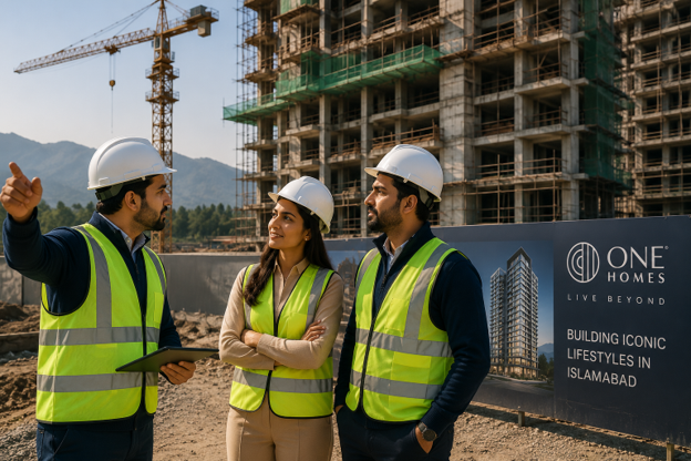 Pakistani investors and a financial advisor visiting a luxury apartment construction site in Islamabad, wearing safety helmets and reflective vests