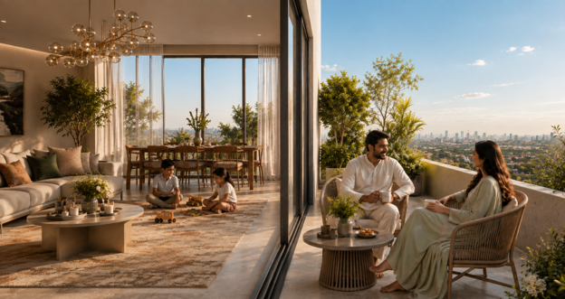 Pakistani family enjoying a spacious luxury apartment with children playing in the living room and parents relaxing on a landscaped balcony overlooking the city