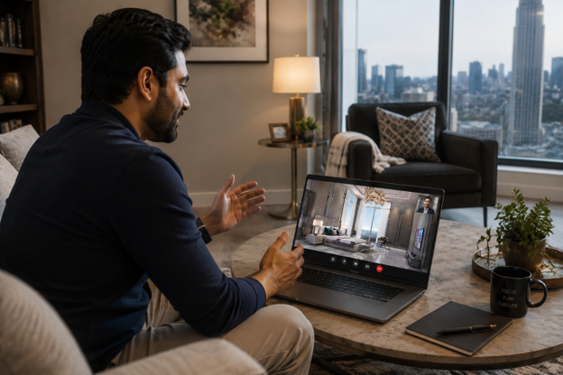 Pakistani man in his USA home taking a virtual tour of a luxury bedroom at One Serene Residences with a property consultant in Pakistan via video call.