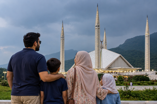 Pakistani family in modest Western clothing with the women wearing headscarves visiting Faisal Mosque in Islamabad against the backdrop of the Margalla Hills.