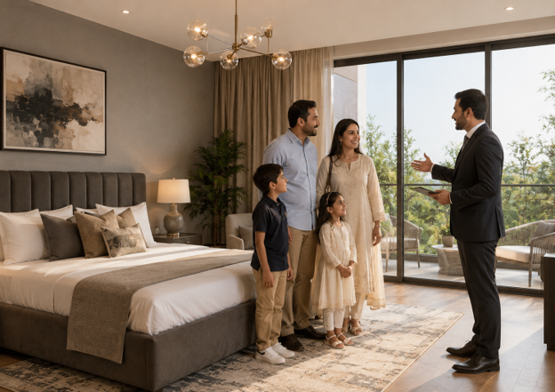 Pakistani family touring a spacious luxury bedroom in a premium One Homes apartment with a property consultant, showcasing elegant finishes, contemporary interiors and family-focused living.