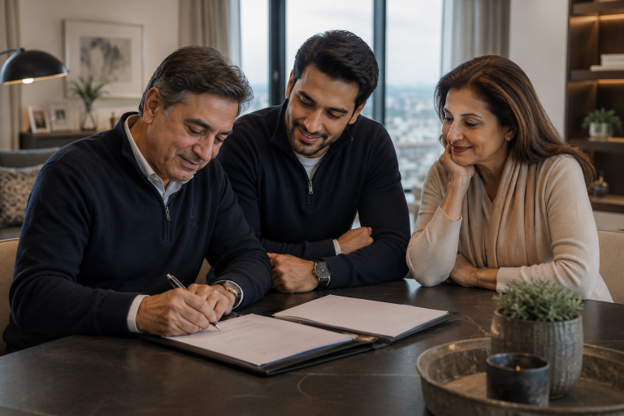 Overseas Pakistani father, his adult son and wife reviewing and signing property documents together in their modern home, representing a secure family investment in Pakistan.
