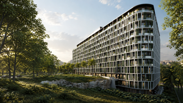 Trinity One residential building by One Homes in Islamabad surrounded by lush greenery, mature trees, landscaped gardens, and open green spaces
