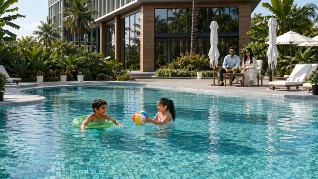 Families enjoying the resort-style swimming pool at Trinity One, a luxury residential development in Islamabad with premium lifestyle amenities.
