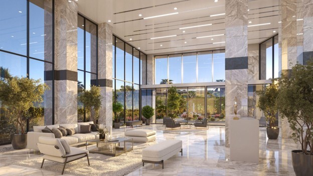 : CGI view of One Serene Residences’ grand hotel-style lobby, featuring marble floors, tall pillars, and elegant seating areas surrounded by planters with small trees, reflecting modern luxury apartments in Pakistan designed for overseas investors seeking sophistication and comfort