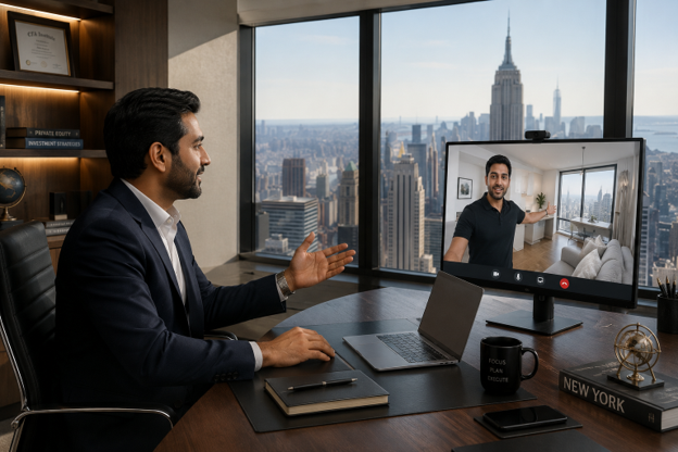 Pakistani professional in a New York office taking a virtual apartment tour with a One Homes property consultant in Pakistan.