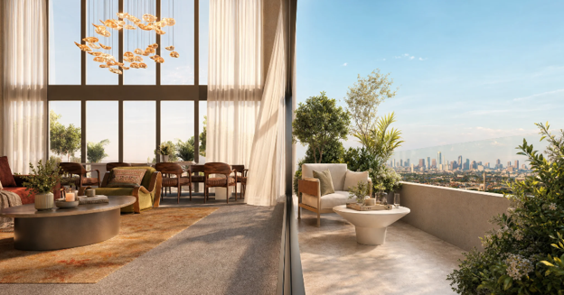 Luxury One Homes apartment featuring floor-to-ceiling windows, a spacious living area and a private terrace with panoramic city views, showcasing premium features that enhance property value.