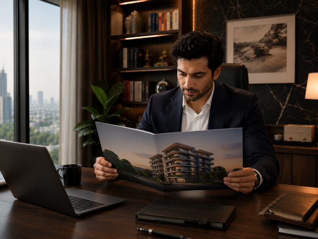 Overseas Pakistani investor in a private executive office reviewing a property brochure while evaluating premium real estate opportunities in Pakistan as part of his long-term investment strategy.