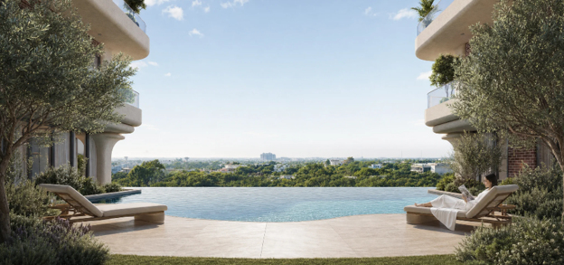 Infinity pool overlooking a lush cityscape in a luxury One Homes new-build residential development, showcasing premium outdoor amenities for overseas Pakistani property investors.